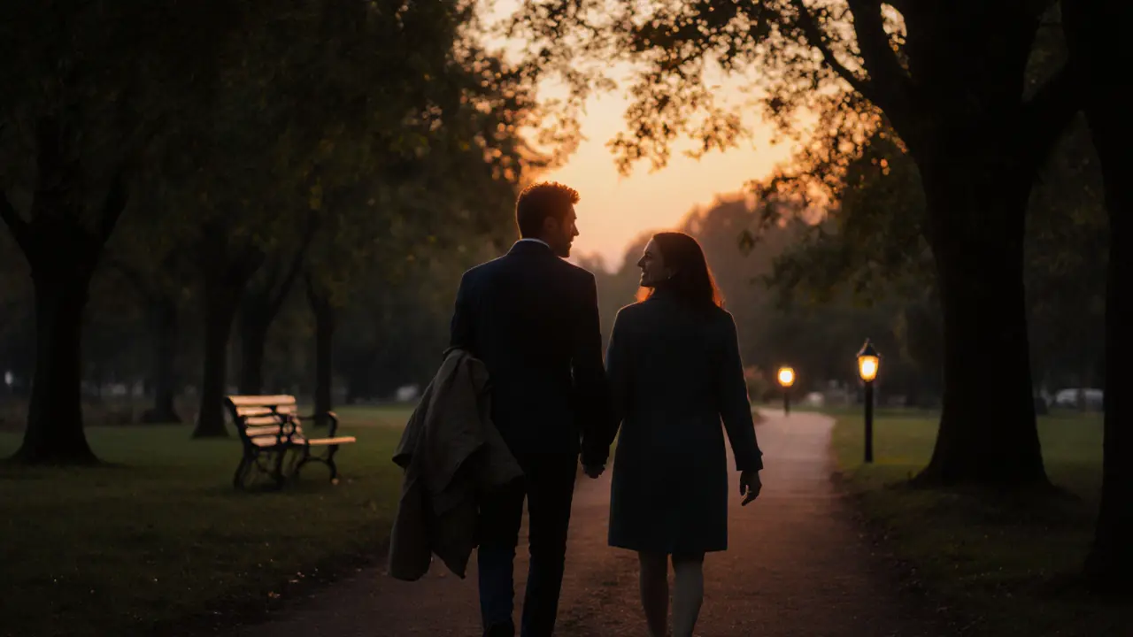 A couple walking peacefully through Heaton Park at sunset, silhouetted against the sky.