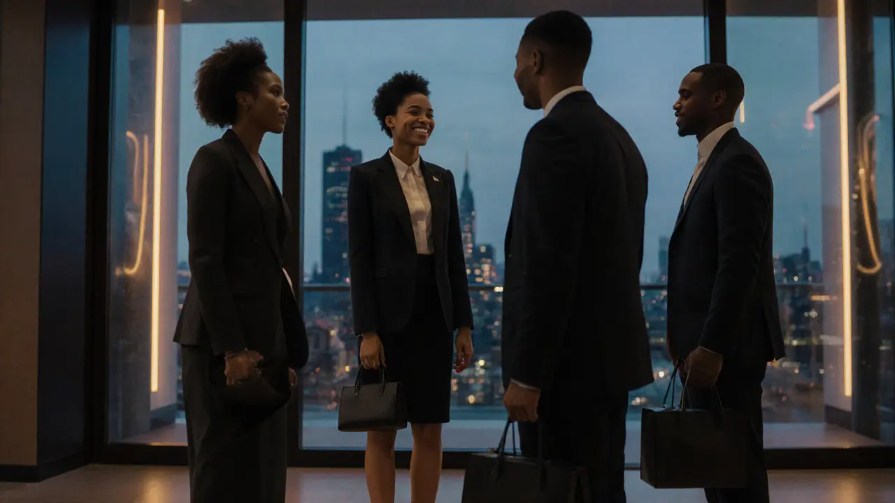 A diverse group meeting a professional companion at a Manchester hotel lobby at dusk.