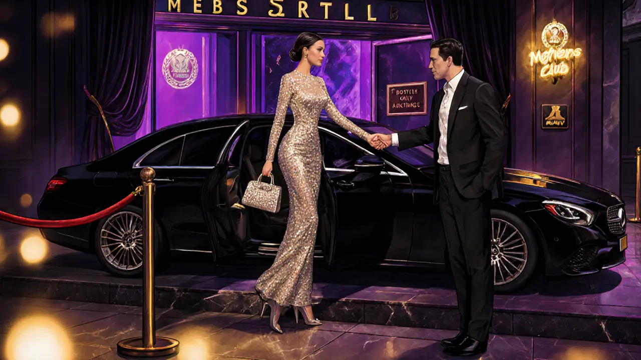 A fashionable woman exits a black car, greeted by a concierge outside an upscale nightclub.