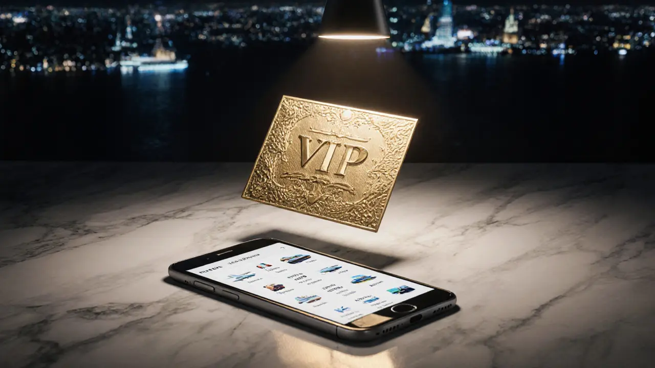 A golden VIP invitation card and a sleek phone rest on marble, city lights blur behind.