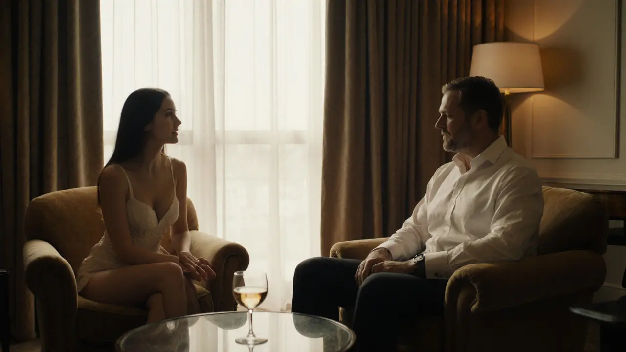 A relaxed conversation between client and escort in a cozy private suite.