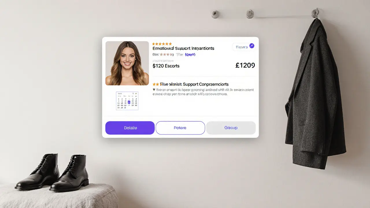 A verified escort profile on a digital screen with pricing and reviews, beside casual clothing.