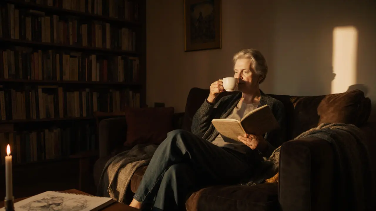 A woman reads quietly in a book-filled Berlin apartment, candlelight casting soft shadows on her face.