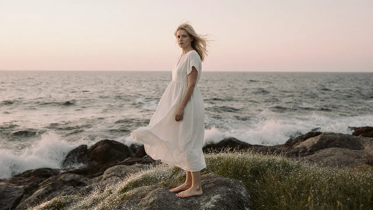 A woman stands barefoot on a coastal cliff at dawn, wind lifting her dress, serene and unposed.