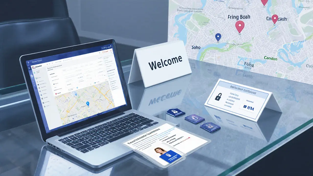 Agency desk showing booking platform, health certificate, and city map.