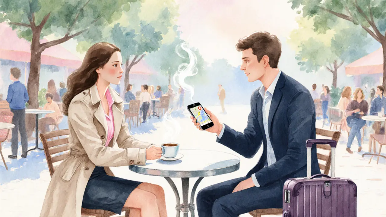 Casual café meetup with a companion, coffee, and a suitcase.