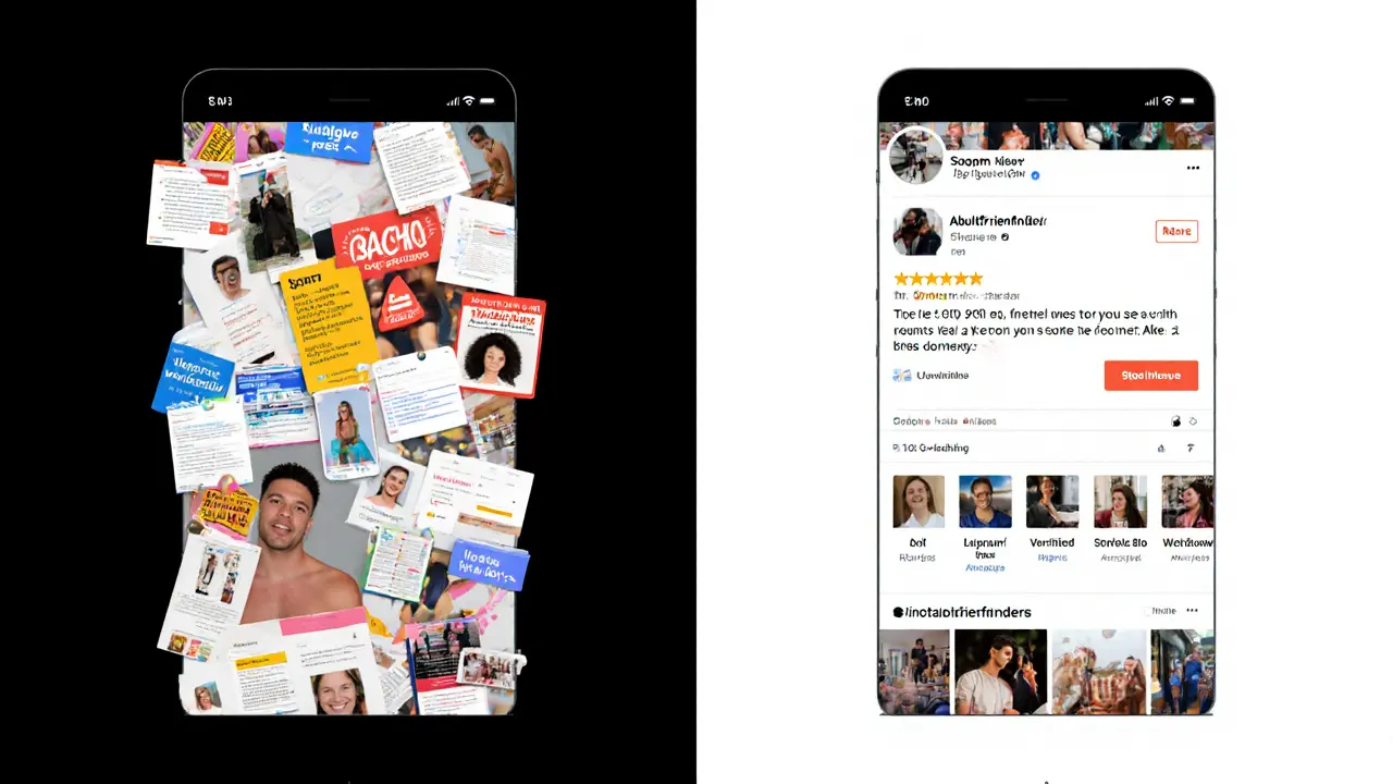 Comparison of spammy online ads versus a clean, verified adult dating profile on a screen.