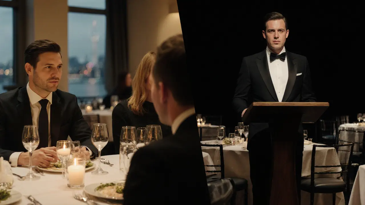 Corporate escort chatting naturally at dinner versus formal host standing stiffly at a podium.