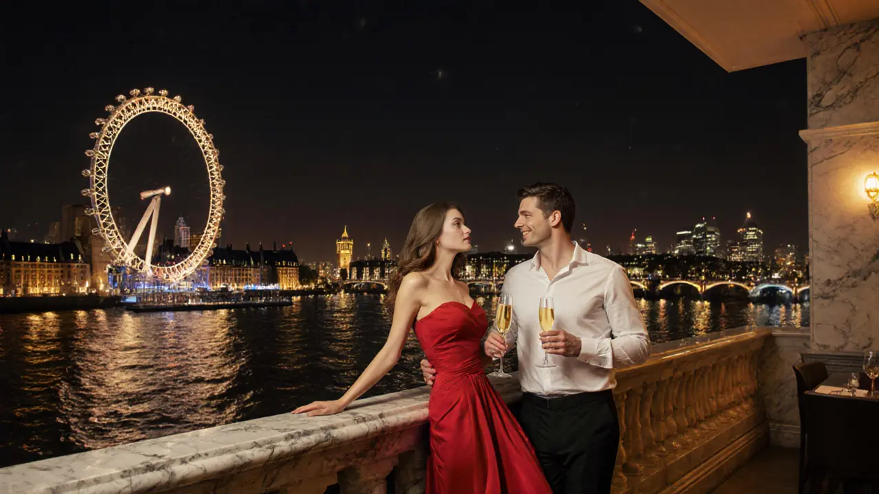 Couple enjoying champagne on a balcony overlooking the illuminated Thames.