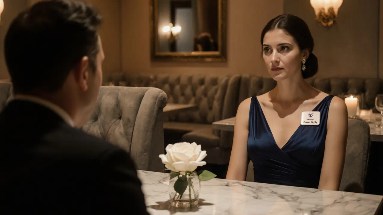 Couple in a candlelit upscale restaurant, escort wearing a subtle verification badge.