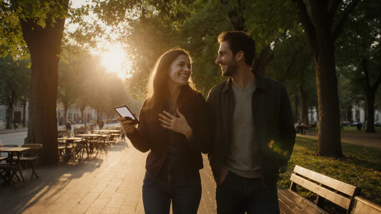 Couple laughing while walking in a park at golden hour, indicating successful chemistry.