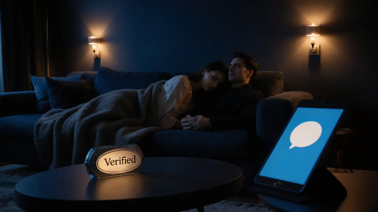 Cozy night in a London flat, Euro companion and client cuddling on a sofa.