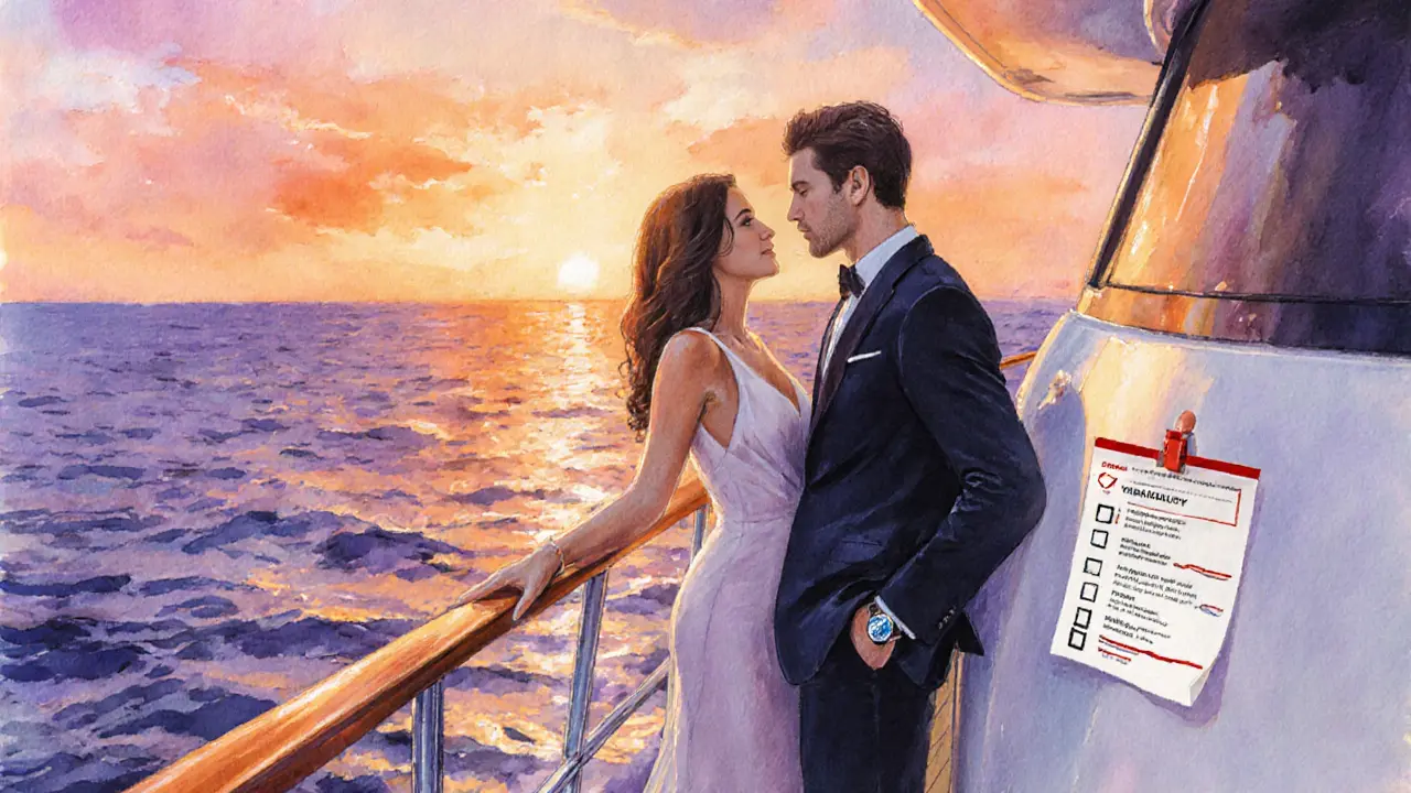 Elegant couple on a private yacht at sunset, hinting at luxury and subtle safety measures.