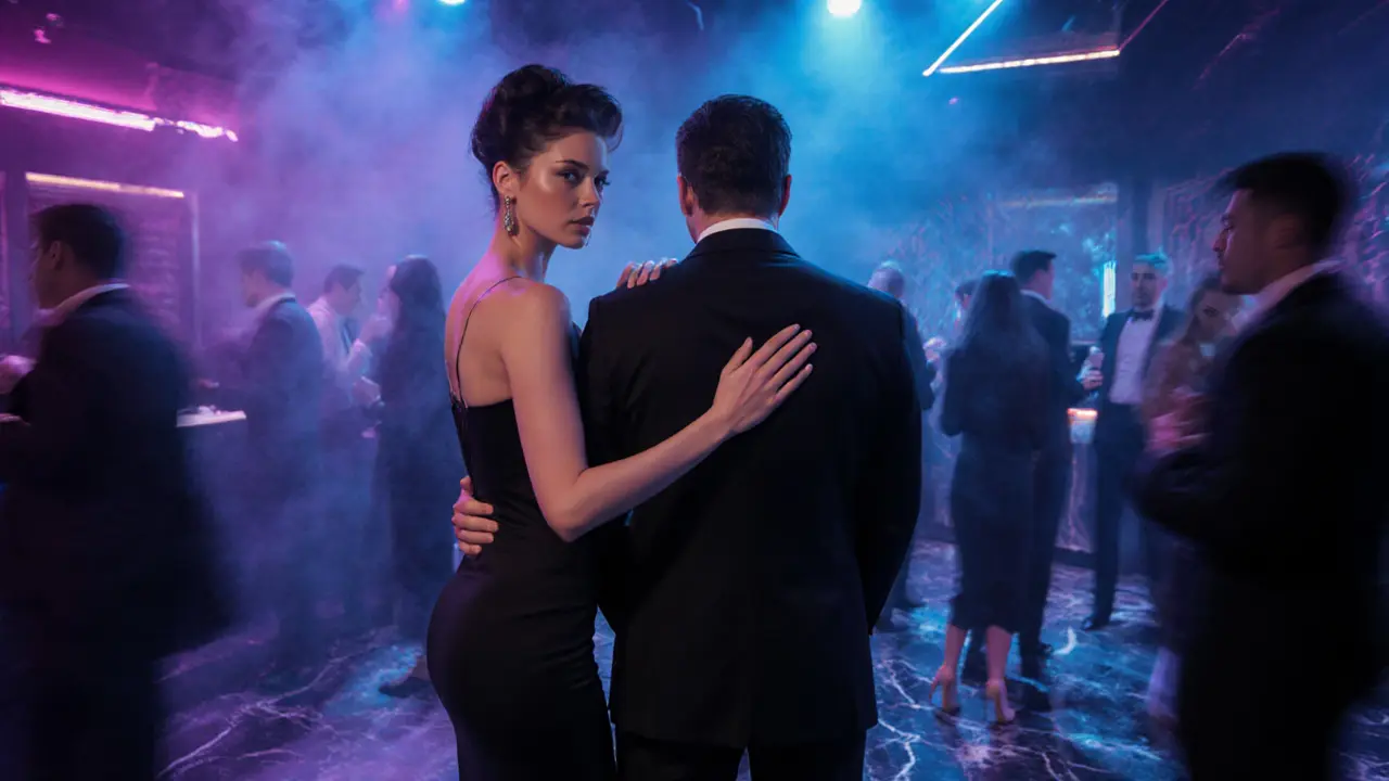 Eurogirl and gentleman share a subtle touch in a neon-lit luxury club.