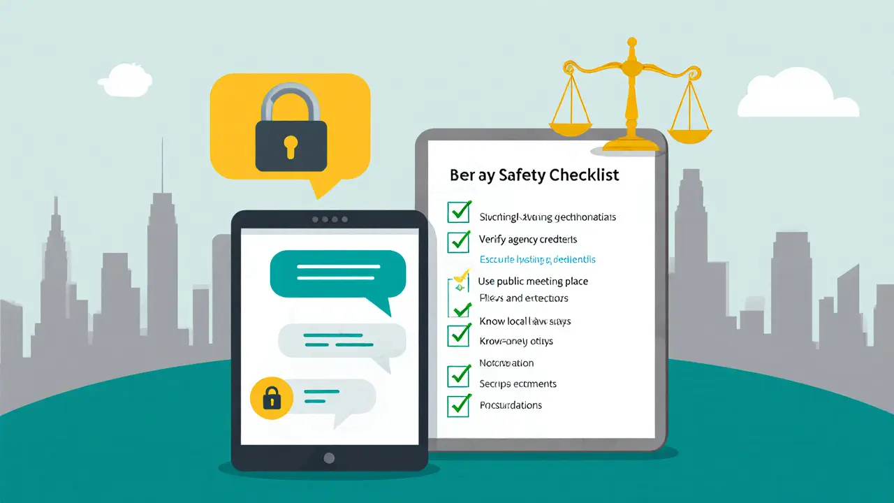 Flat‑design safety checklist showing secure payment, encrypted chat, and legal icons.