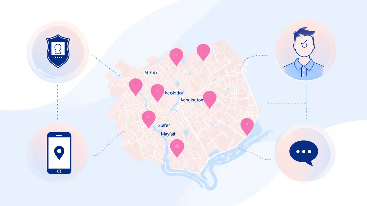 Flat illustration of a London map with safety icons for escort services.