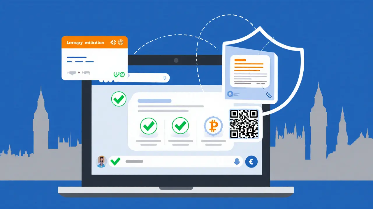 Flat illustration of encrypted chat, verification badge, and crypto payment icons.