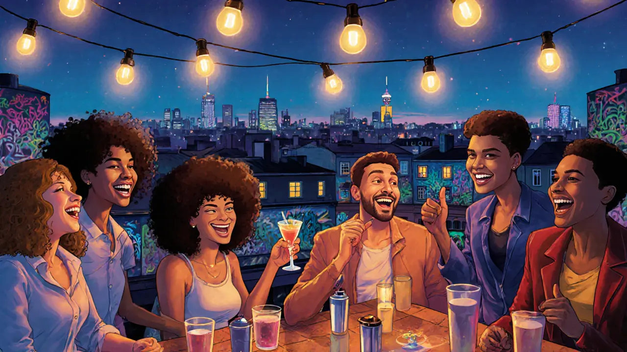 Friends laughing at a rooftop bar in Berlin, neon lights and graffiti skyline behind them.