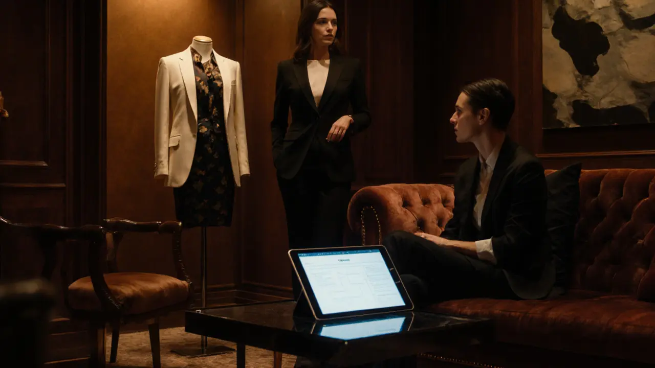 High‑end coaching session in an upscale lounge suite with wardrobe review and role‑play.