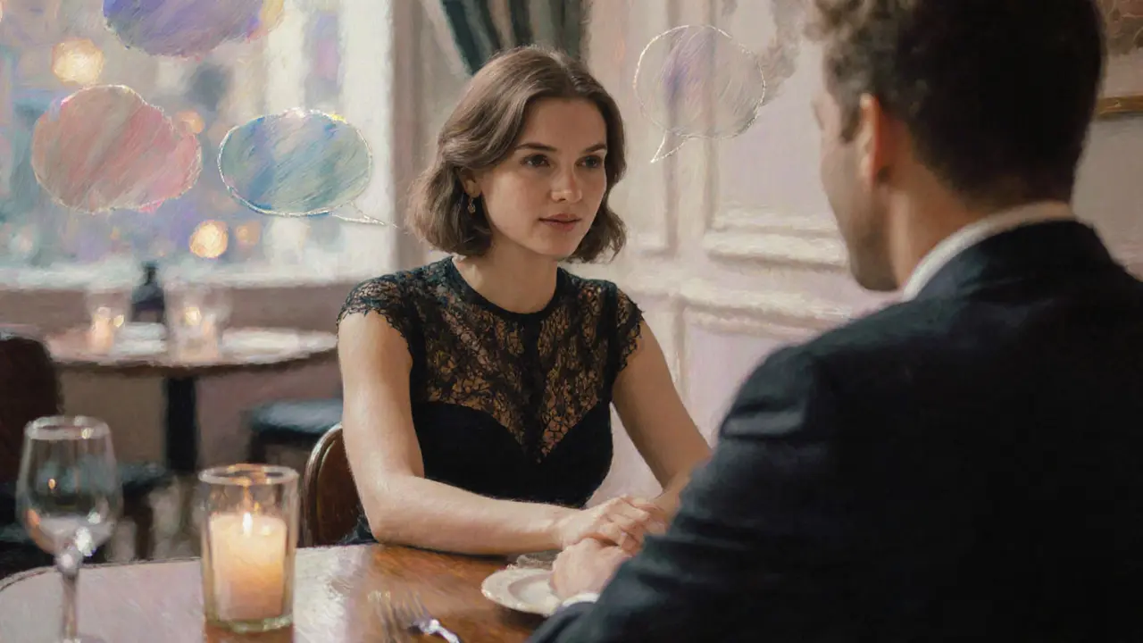 Impressionist dinner scene with Euro girl and client sharing a candlelit meal in Mayfair.