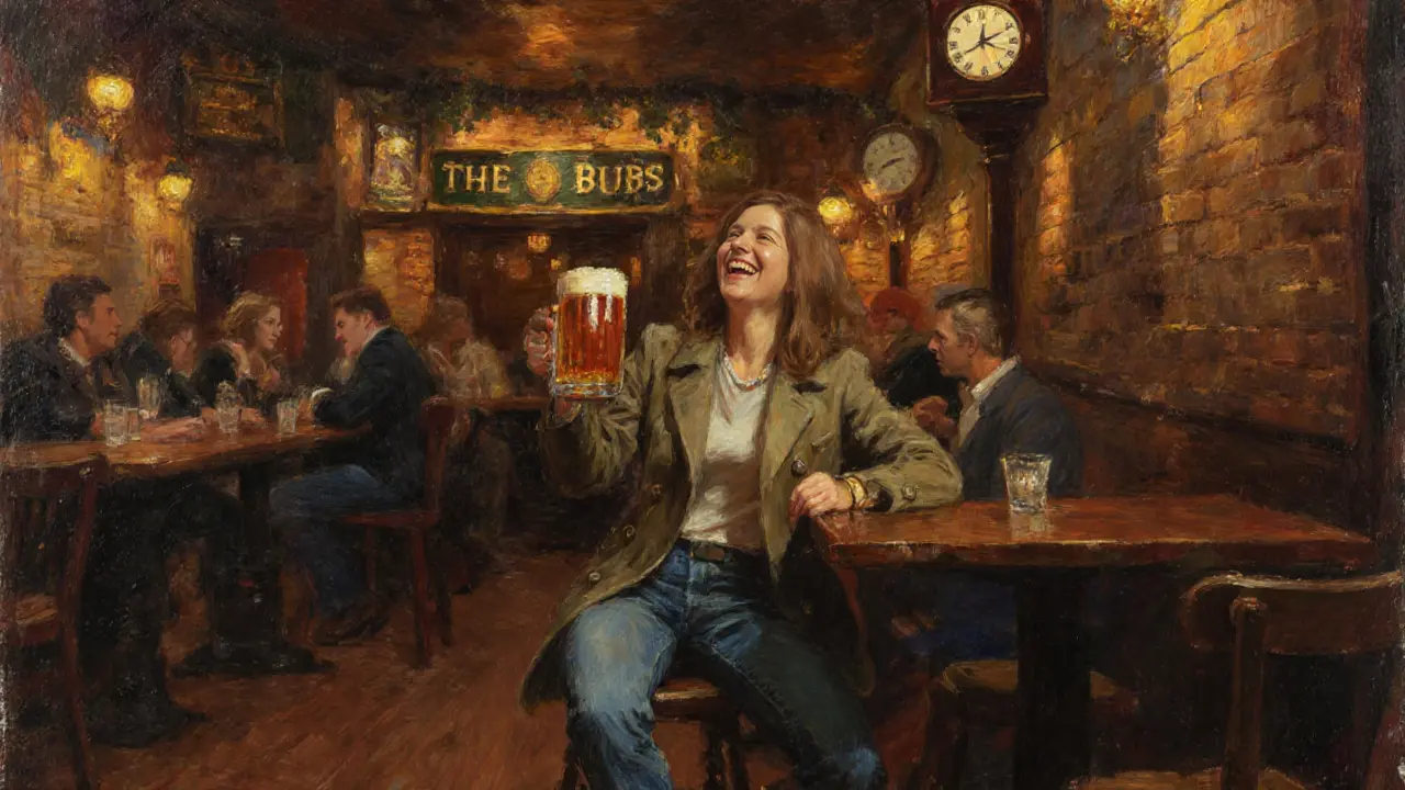 Local London lady laughing with a pint in a cozy pub.