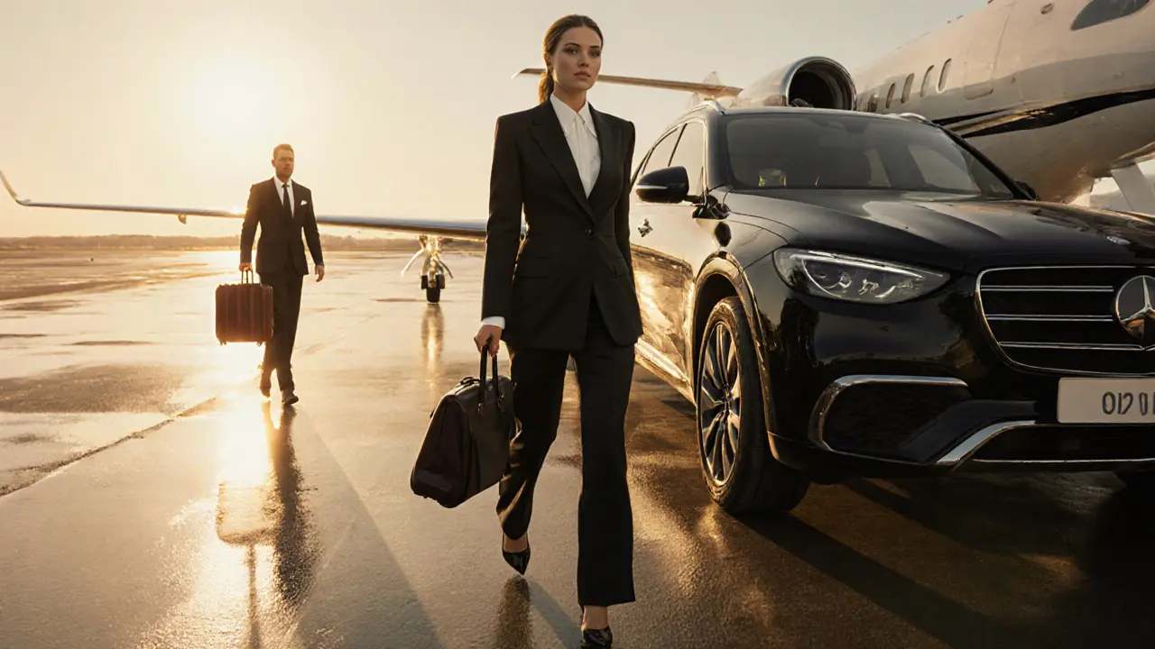 Luxury companion in a tuxedo jumpsuit meets a private jet on a sunrise tarmac.