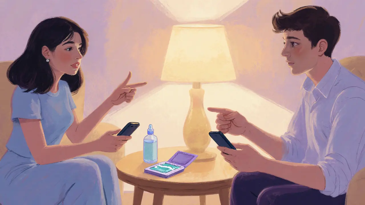 Man and woman discussing consent at a table with a condom package and lamp, pastel illustration.