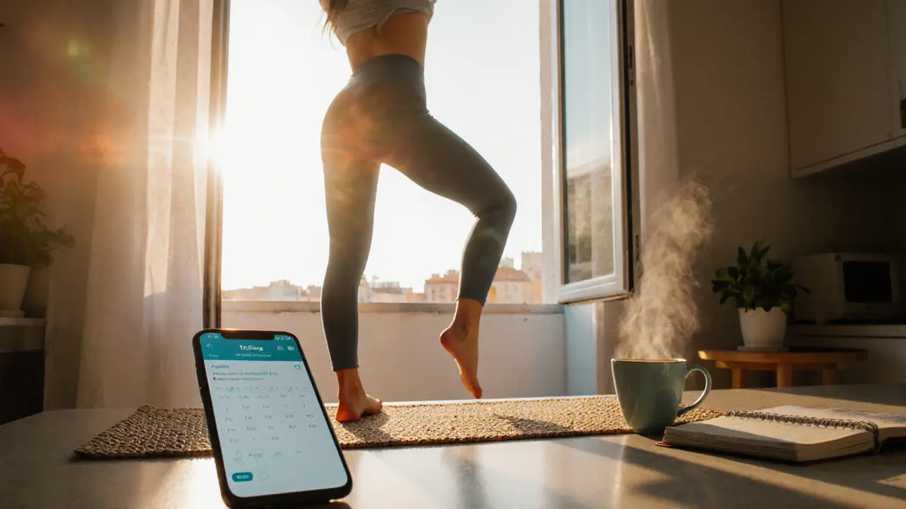Morning yoga scene with a woman checking a phone app, tea, and a notebook in a sunlit kitchen.