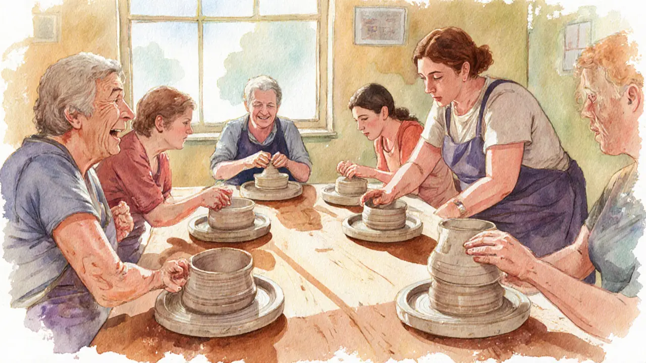 Pottery class participants laugh and shape clay together in a bright studio with warm lighting.