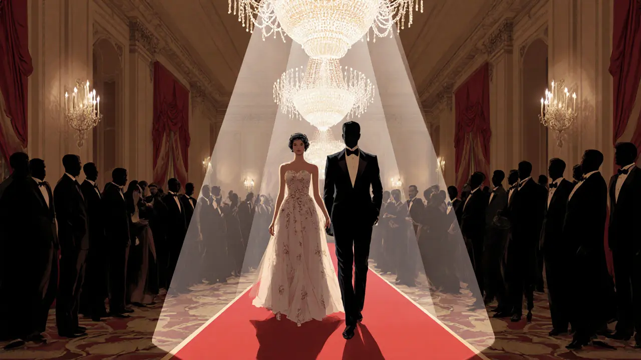 Red‑carpet scene with a couture‑dressed companion walking beside a client at a gala.