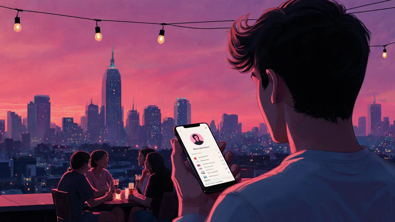Rooftop bar at sunset with city skyline, people chatting, and a person holding a phone.