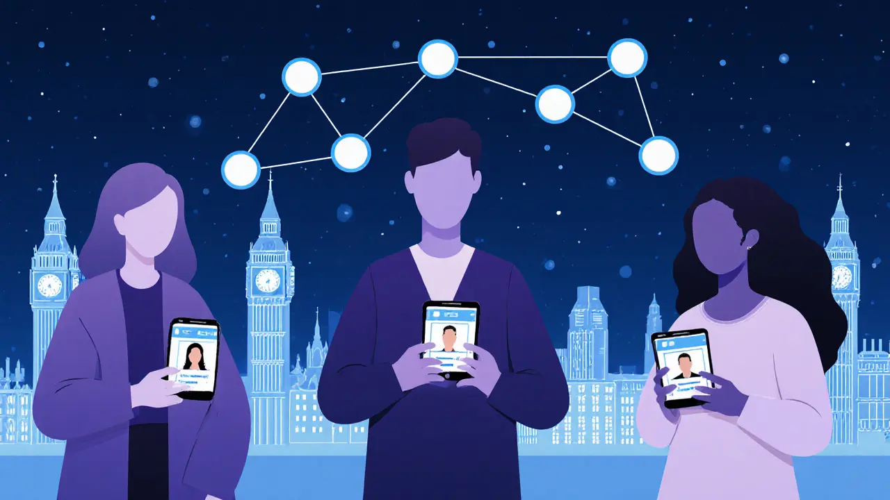 Silhouetted people in UK cities connected by a network of light, using escort directories on their phones.