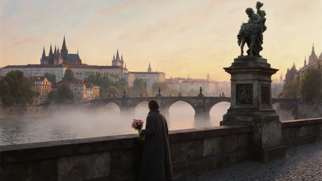 Solitary figure on Prague’s Charles Bridge at sunrise, mist rising over the river.