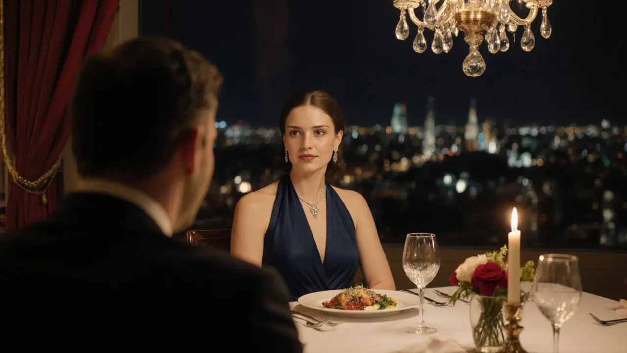 Sophisticated couple sharing a candlelit dinner at a luxurious restaurant.