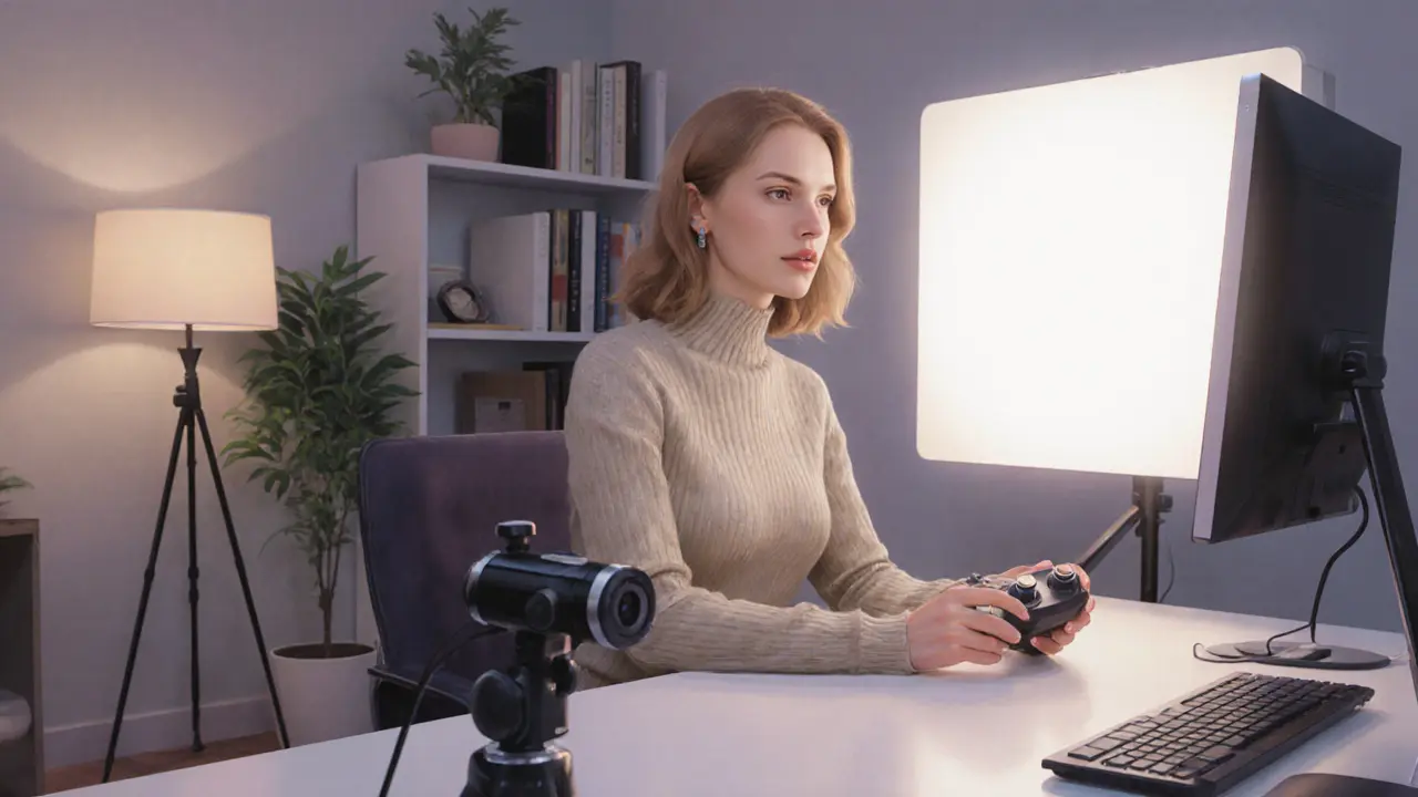Sophisticated woman in studio with webcam, soft lighting, holding remote toy.