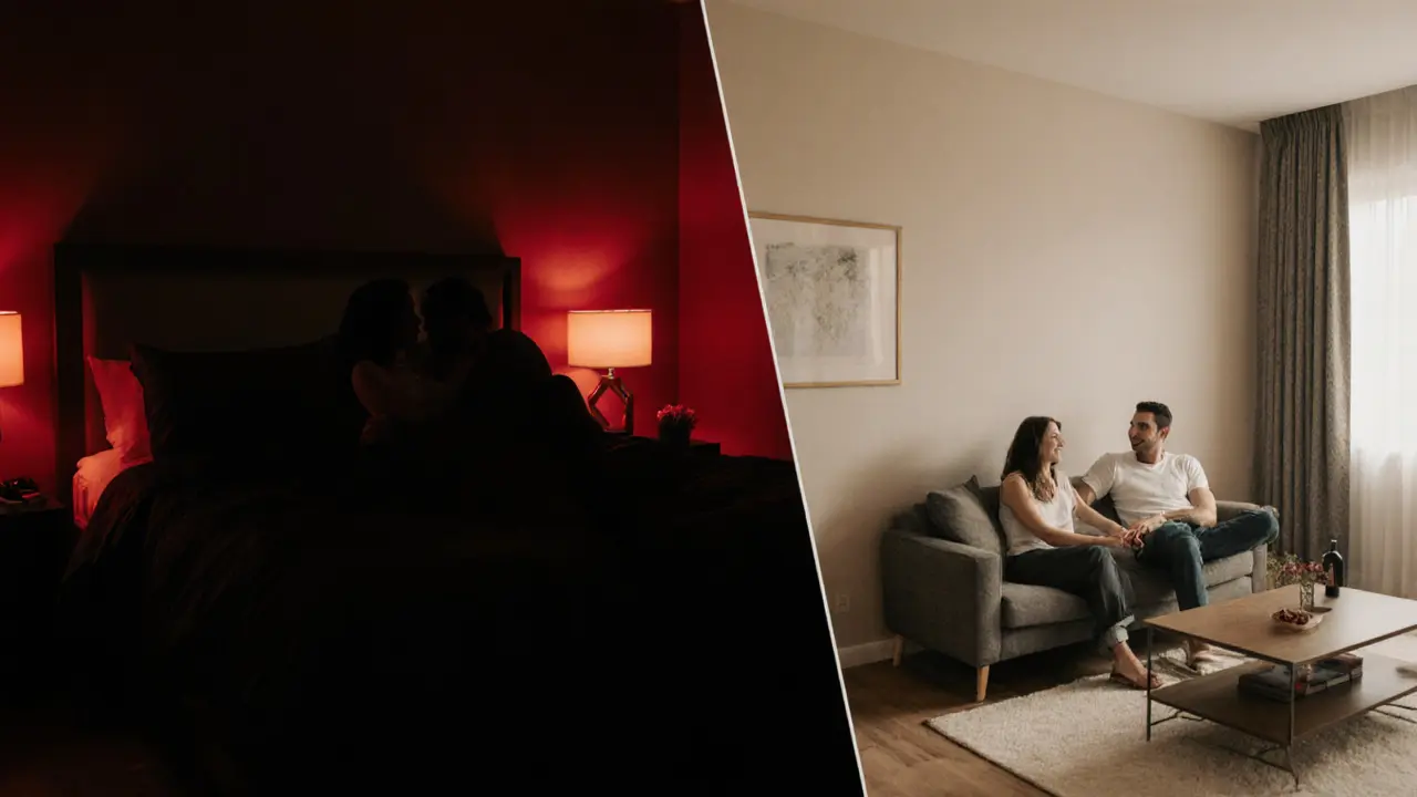 Split view: hotel room silhouettes on left, cozy living room couple holding hands on right.