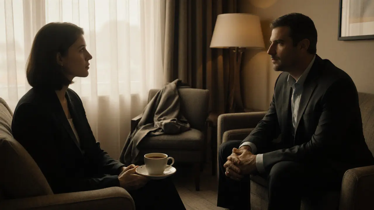 Two people having a calm, respectful conversation in a hotel room, no physical contact.