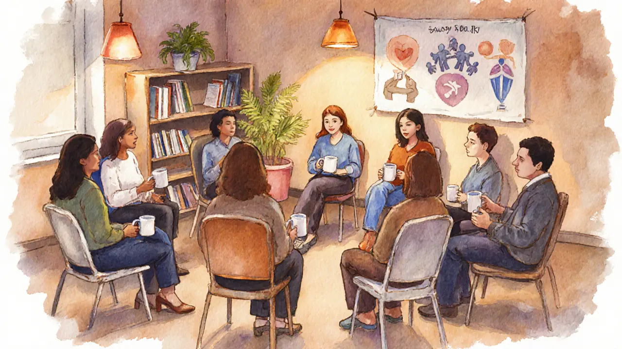 Watercolor of a community circle where sex workers and advocates share support in a warm room.