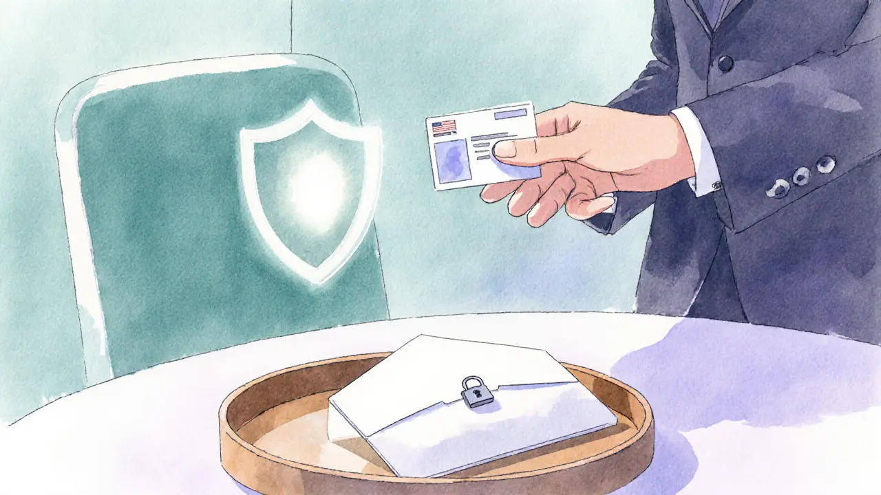 Watercolor scene of a discreet ID card and security shield symbol in a private lounge.