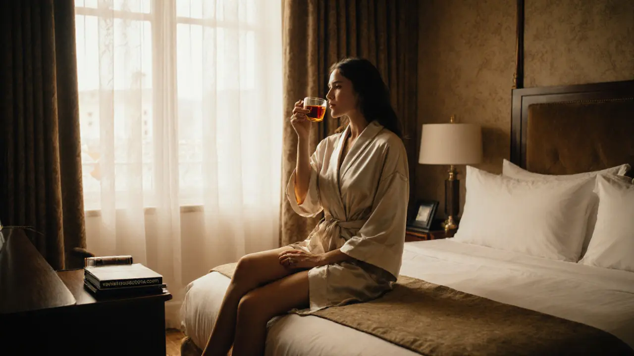 A BBW escort in a silk robe sipping tea in a luxury London hotel room, soft golden light.