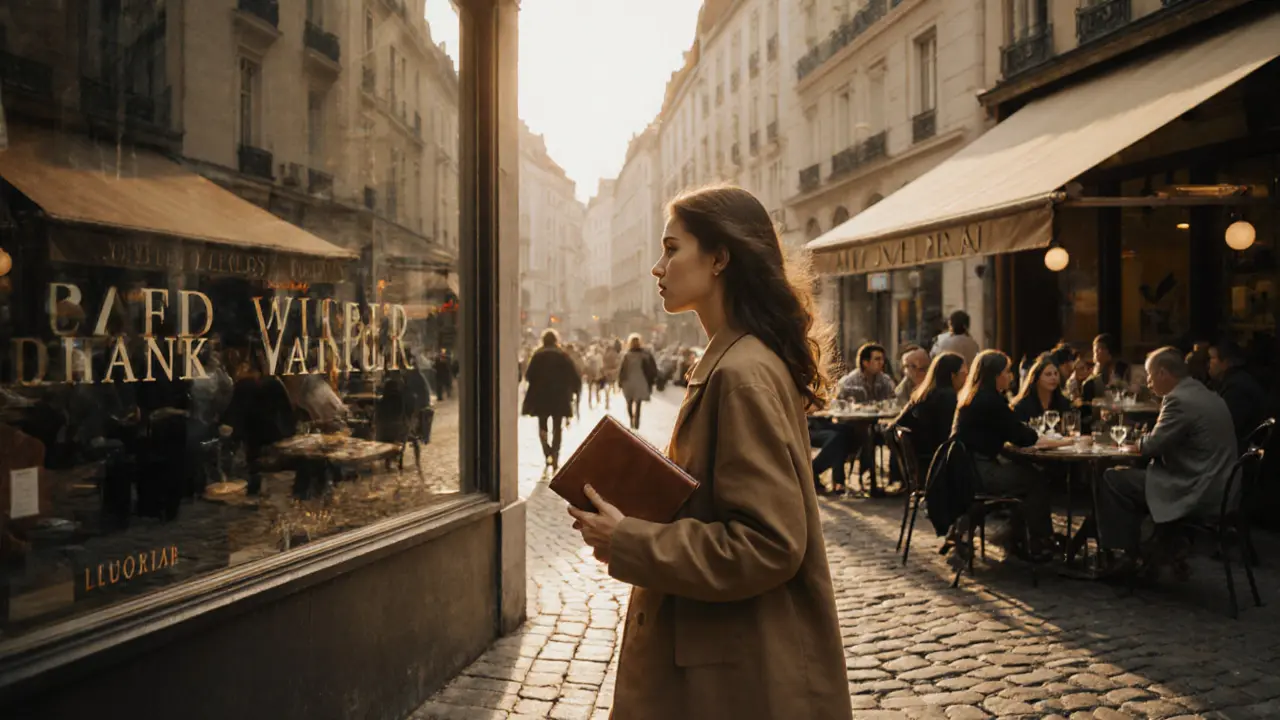 A confident woman walking through elegant European streets, blending into a multicultural cityscape.