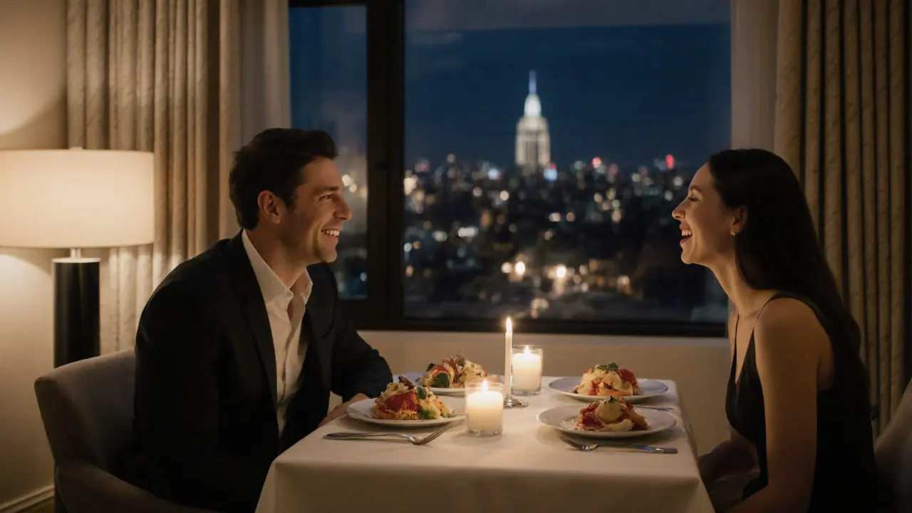 A couple enjoying a candlelit dinner in a luxury hotel suite, deep in conversation.