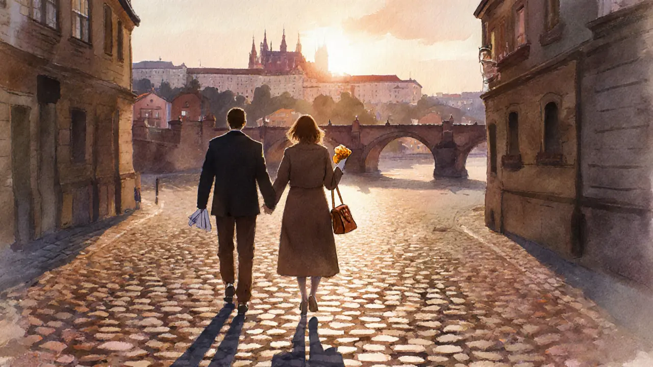 A couple strolls hand-in-hand along Prague&#039;s cobblestone streets at sunset, the Charles Bridge in the distance.