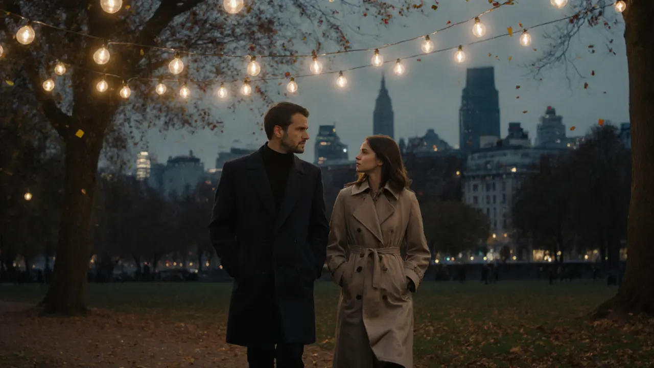 A couple walking peacefully in a quiet London park at dusk, engaged in calm conversation.