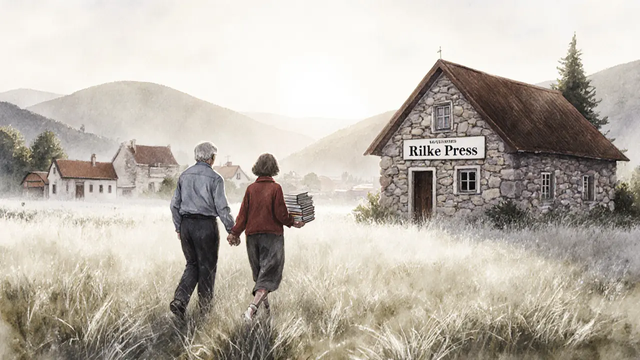 A couple walking through a misty Hungarian village toward a small publishing house.