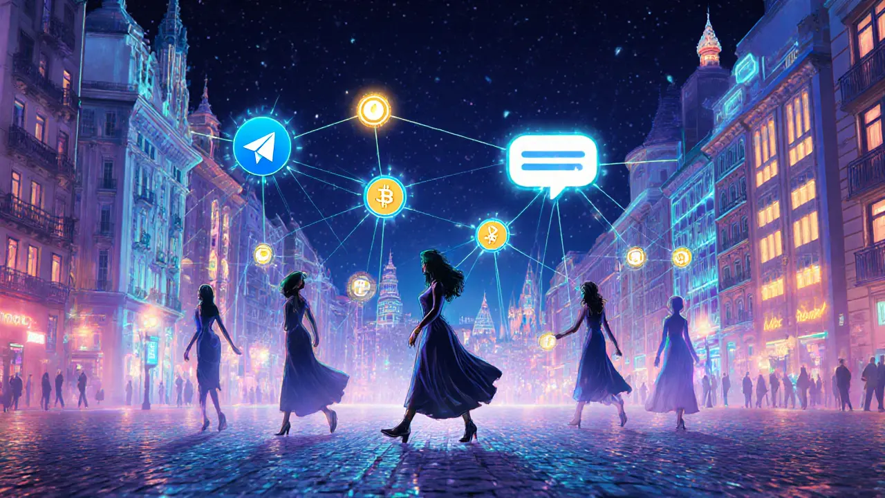 A digital illustration of European cities linked by glowing networks, with silhouettes of women moving through urban landscapes.