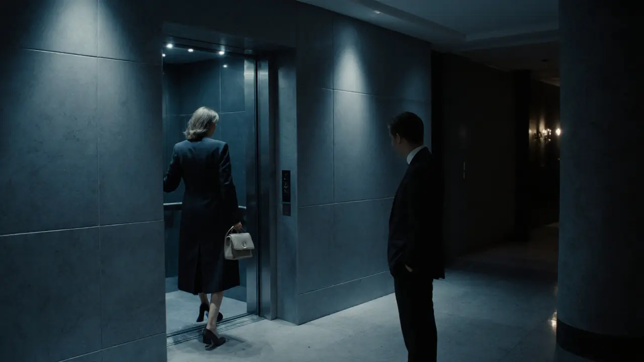 A discreet escort exiting an elevator in a luxury London apartment building at night.