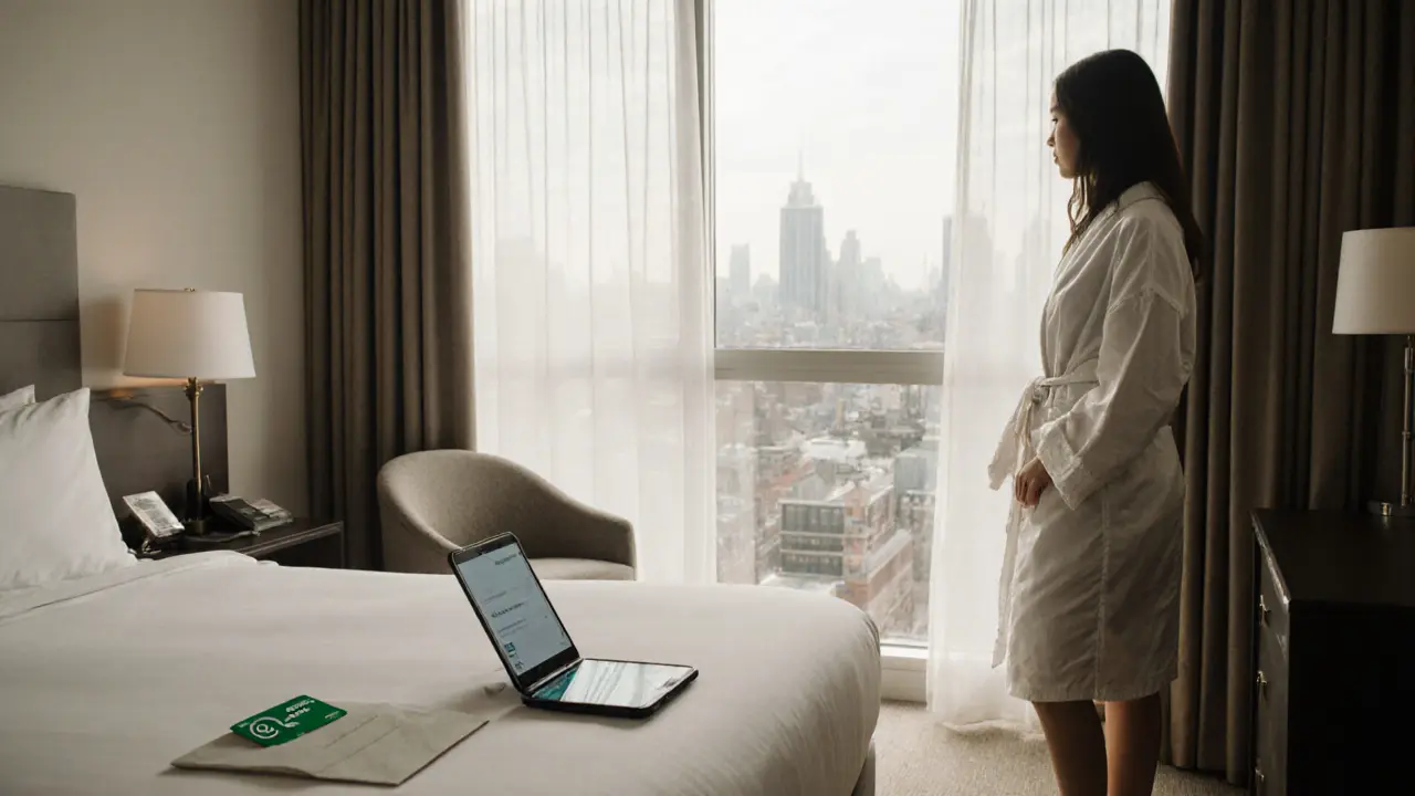 A hotel room in Camden with a cash envelope and phone showing a message, natural light streaming in.