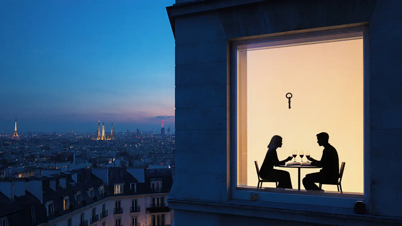 A lone glowing window in a European city at dusk, silhouettes of two people sharing an intimate moment inside.