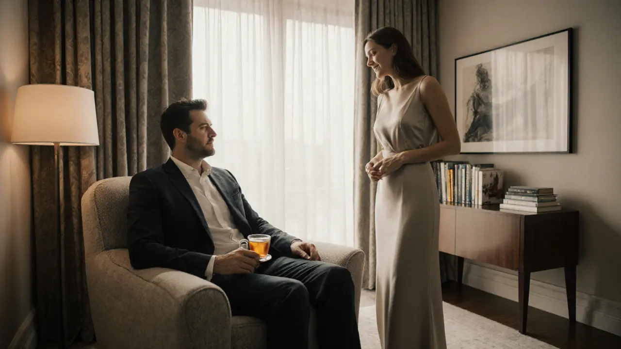 A man and woman having a calm, thoughtful conversation in a luxury hotel room.